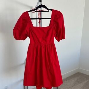 Wayf Red Square Neck Puff Sleeve Mini Dress
